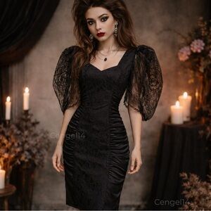Vintage 1980s Black Bodycon Cocktail Dress -Ruched Lace Puff Sleeve Whimsigoth